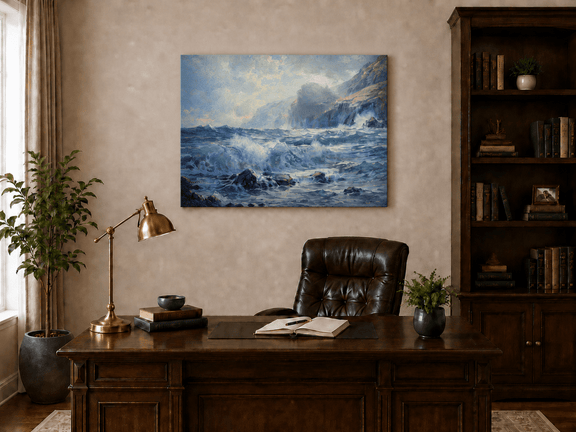 Unframed hand-painted seascape oil painting with crashing waves along a rocky coastal shore displayed above a traditional home office desk.