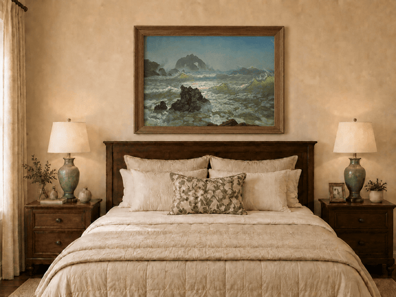 Framed hand-painted seascape oil painting with crashing waves and a rocky sea arch displayed above a wooden bed in a neutral bedroom.