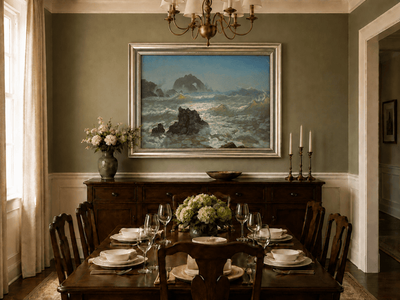 Framed hand-painted seascape oil painting with crashing waves and a rocky sea arch displayed above a formal dining table.