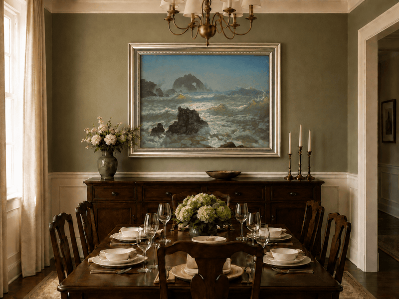 Framed hand-painted seascape oil painting with crashing waves and a rocky sea arch displayed above a formal dining table.