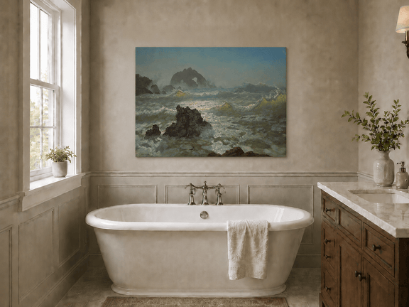 Unframed hand-painted seascape oil painting with crashing waves and a rocky sea arch displayed above a freestanding bathtub.
