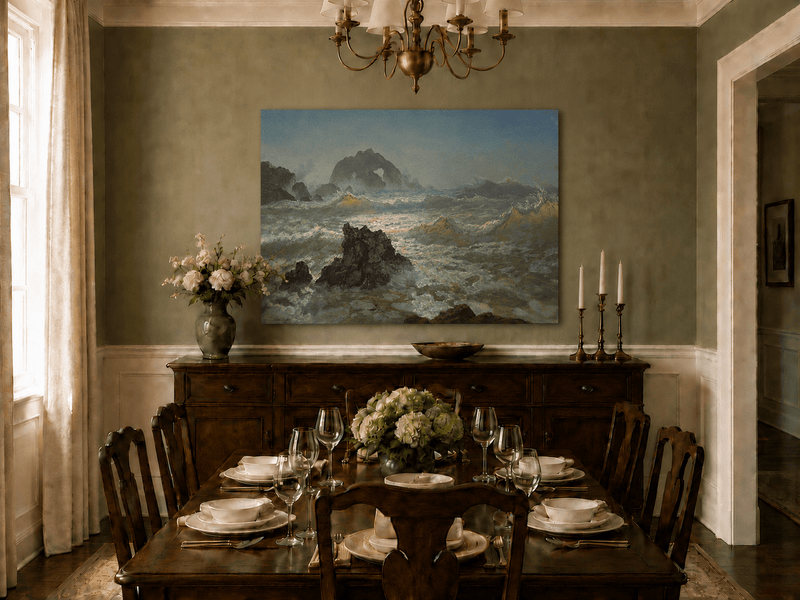 Unframed hand-painted seascape oil painting with crashing waves and a rocky sea arch displayed above a formal dining table.