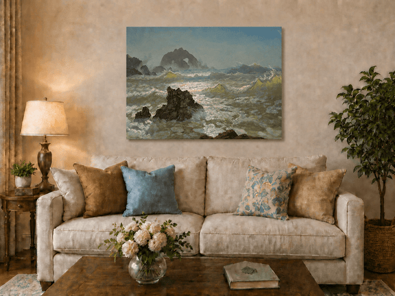 Unframed hand-painted seascape oil painting with crashing waves and a rocky sea arch displayed above a neutral living room sofa.