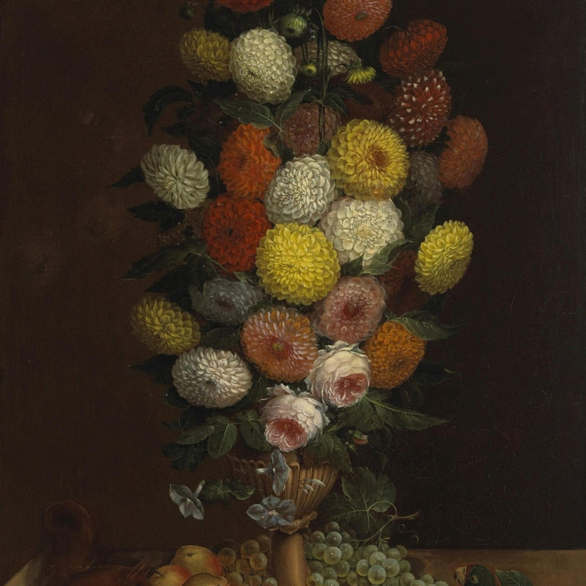 Dahlia Bouquet with Fruit and Bird Still Life – Floral Oil Painting - Oil Painting Haven