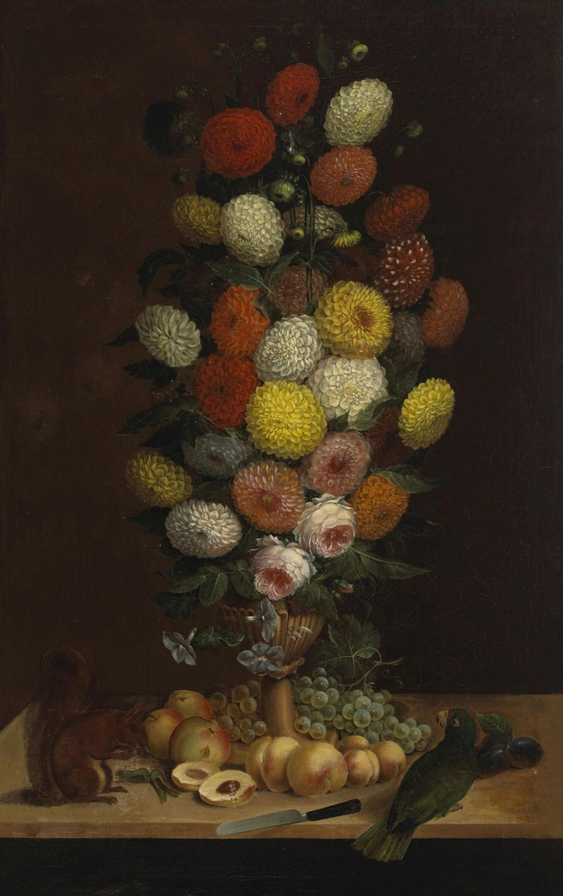 Dahlia Bouquet with Fruit and Bird Still Life – Floral Oil Painting - Oil Painting Haven