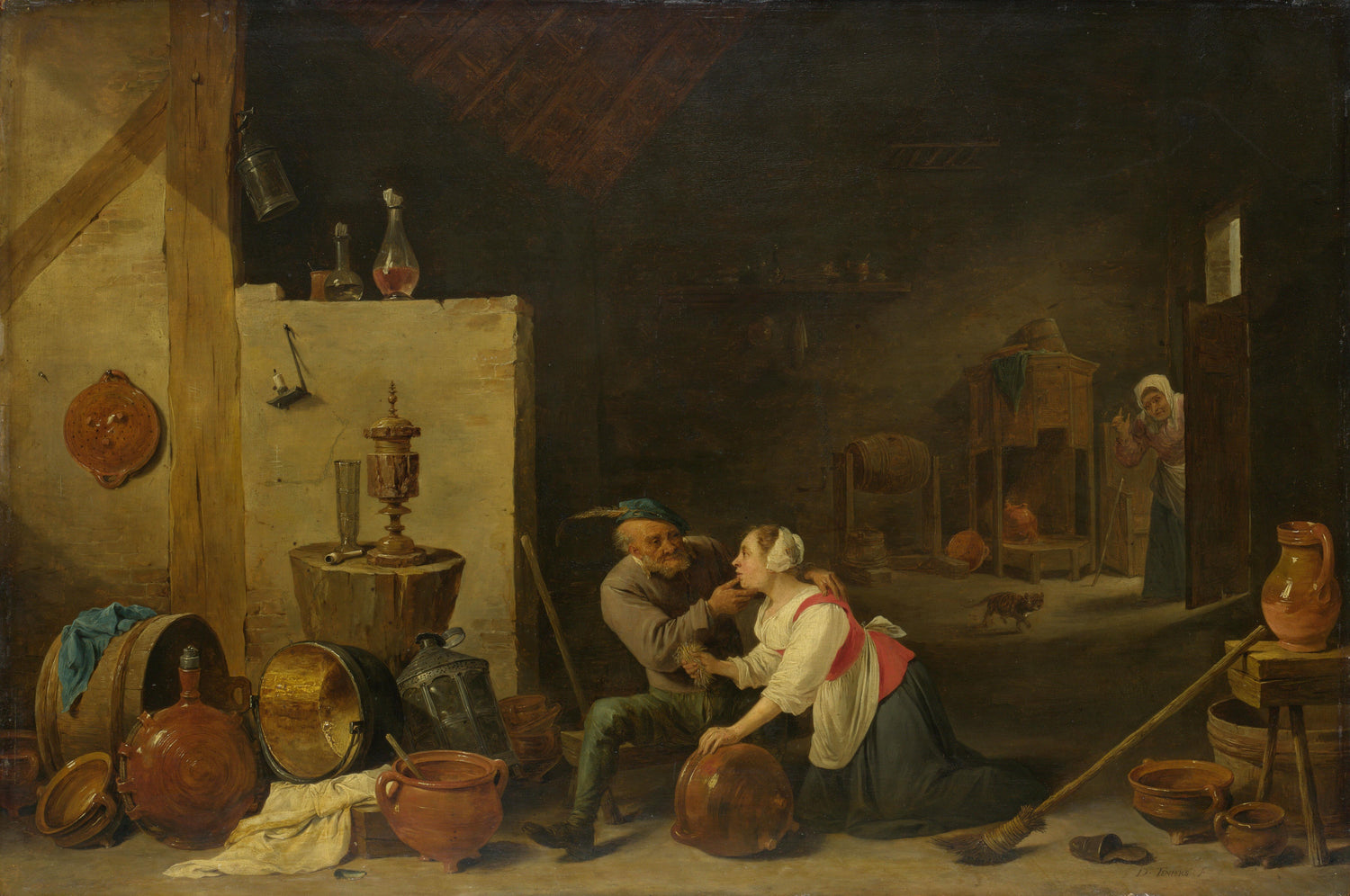 An Old Peasant caresses a Kitchen Maid in a Stable - Oil Painting Haven