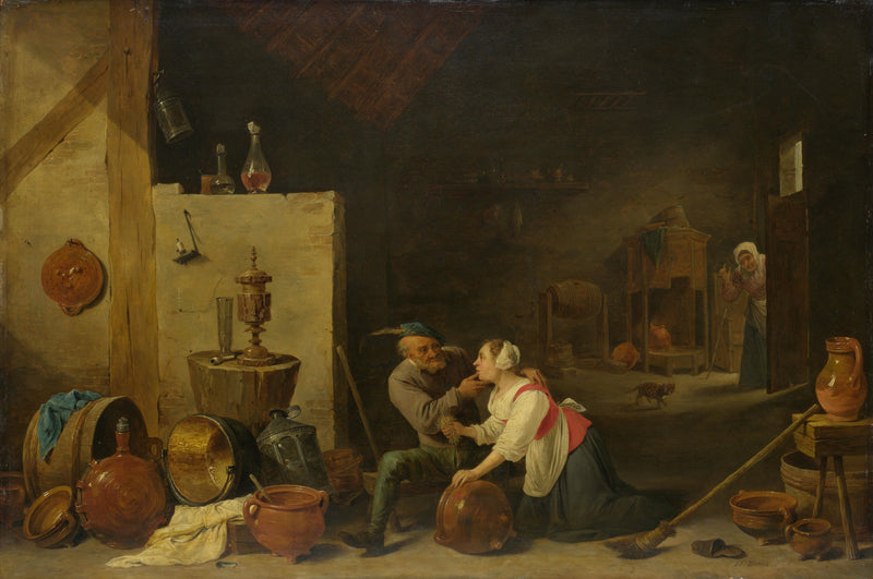 An Old Peasant caresses a Kitchen Maid in a Stable - Oil Painting Haven Oil Painting Haven