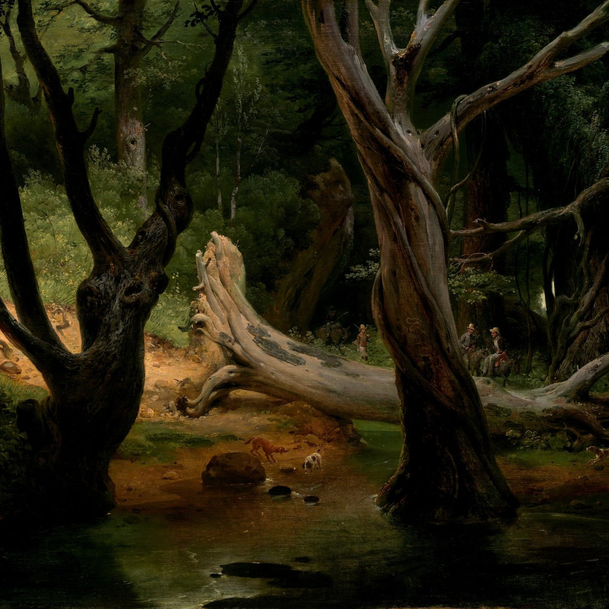 Landscape oil painting of a deep forest stream with fallen tree trunks, hand painted oil on canvas featuring textured. - Add Frame, Canvas, Forest, Hand Painted, Landscape, Made To Order, Oil Painting, River