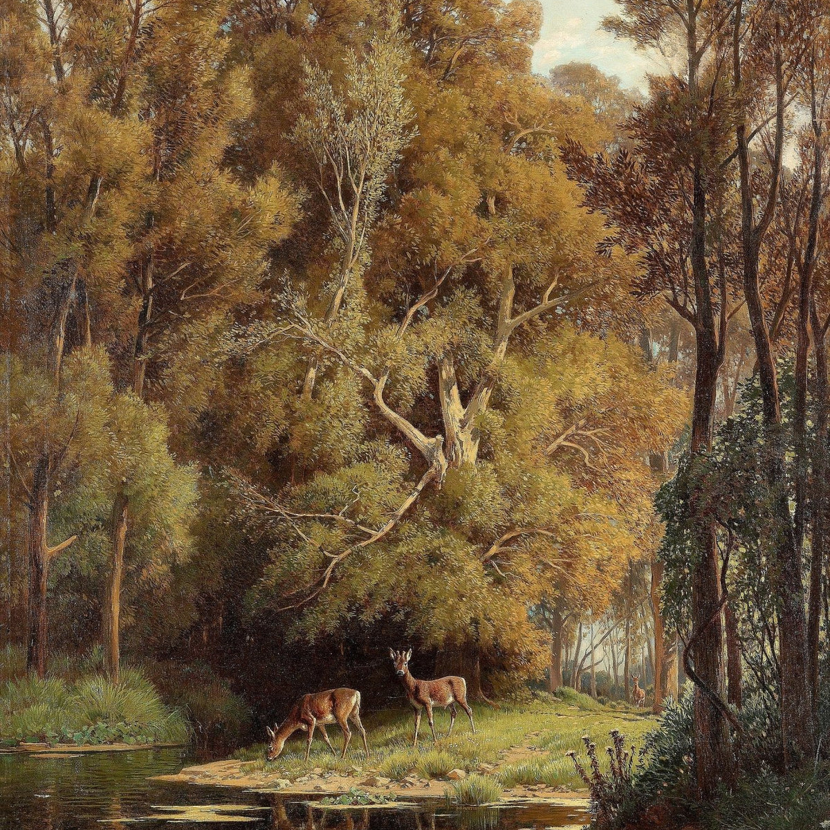 Deer by a Forest Stream in Autumn – Landscape Oil Painting - Oil Painting Haven
