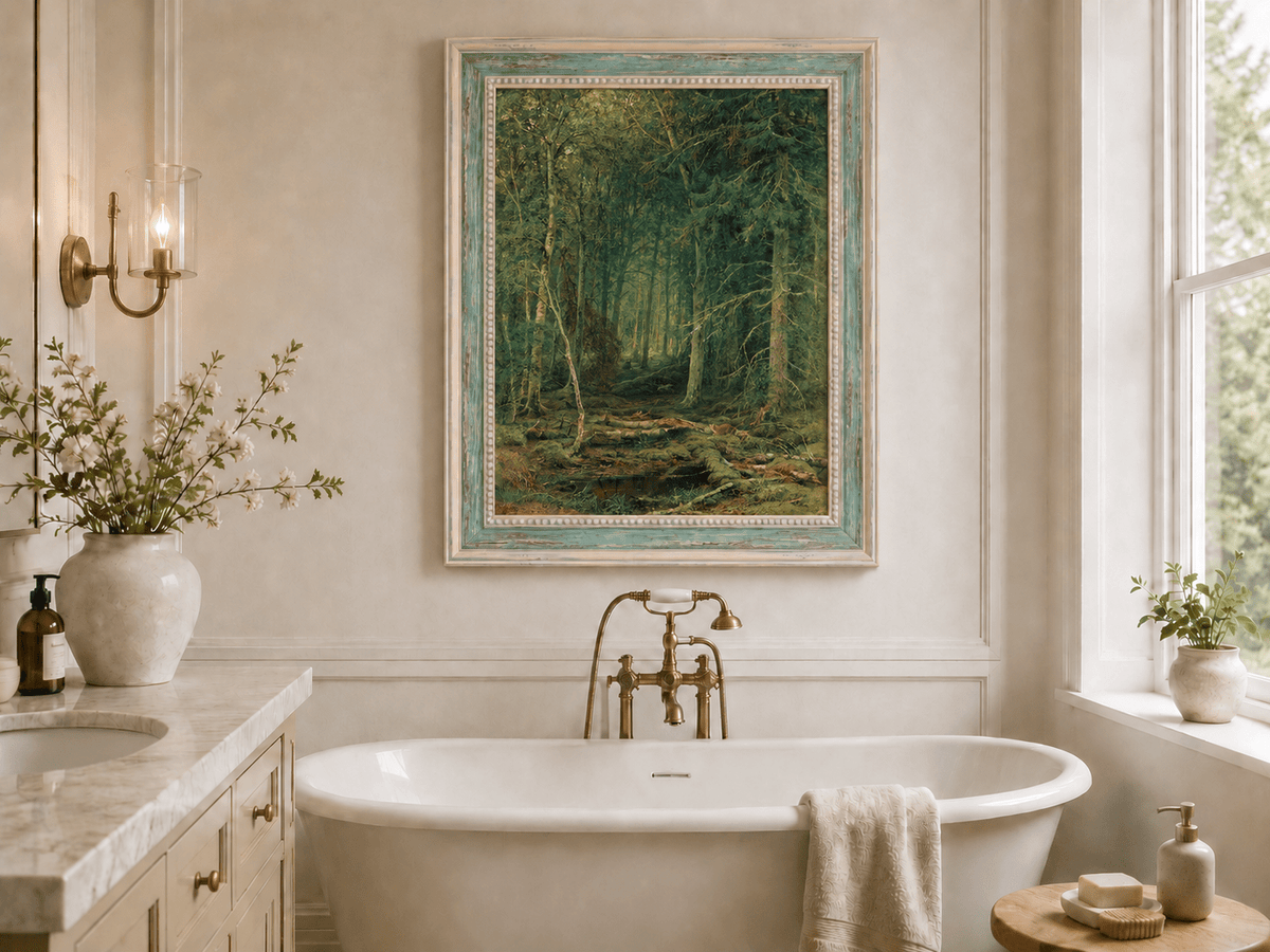 Framed hand-painted dense forest oil painting with fallen branches and mossy ground displayed above a freestanding bathtub.