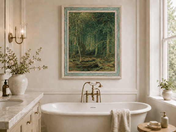 Framed hand-painted dense forest oil painting with fallen branches and mossy ground displayed above a freestanding bathtub.