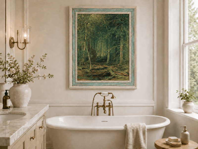 Framed hand-painted dense forest oil painting with fallen branches and mossy ground displayed above a freestanding bathtub.