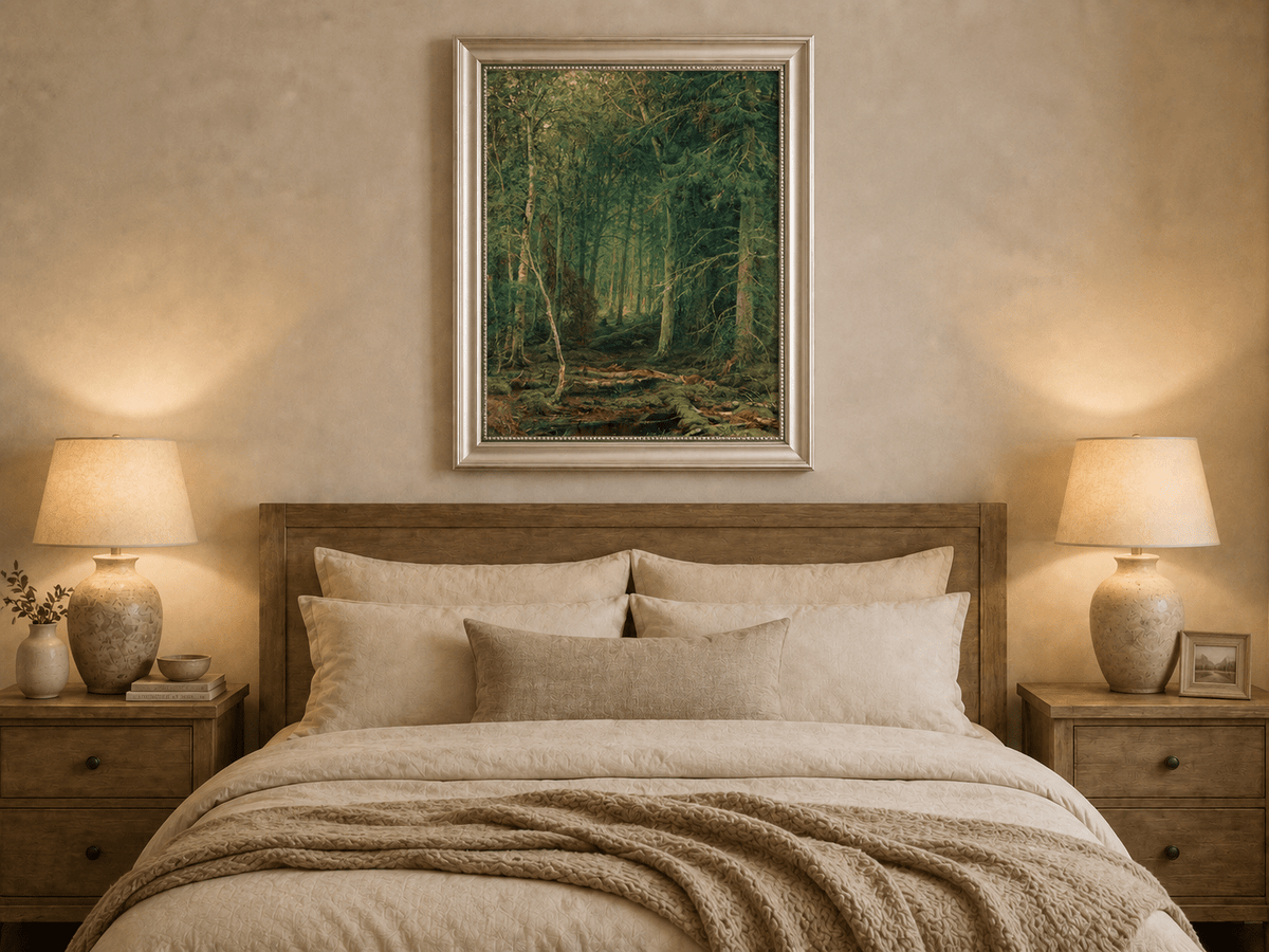 Framed hand-painted dense forest oil painting with fallen branches and mossy ground displayed above a wooden bed in a neutral bedroom.