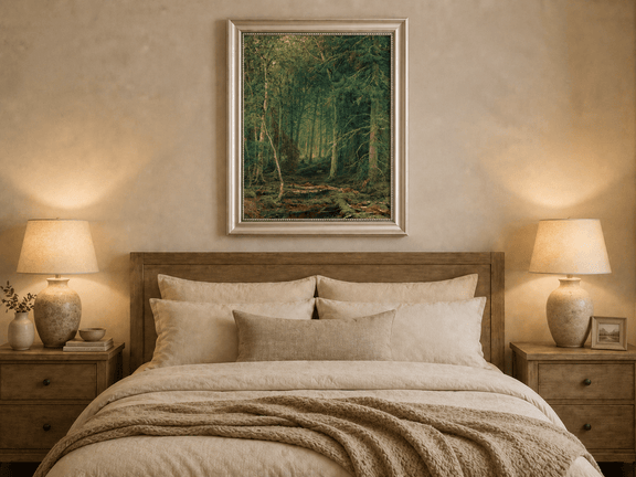 Framed hand-painted dense forest oil painting with fallen branches and mossy ground displayed above a wooden bed in a neutral bedroom.