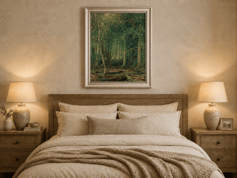 Framed hand-painted dense forest oil painting with fallen branches and mossy ground displayed above a wooden bed in a neutral bedroom.