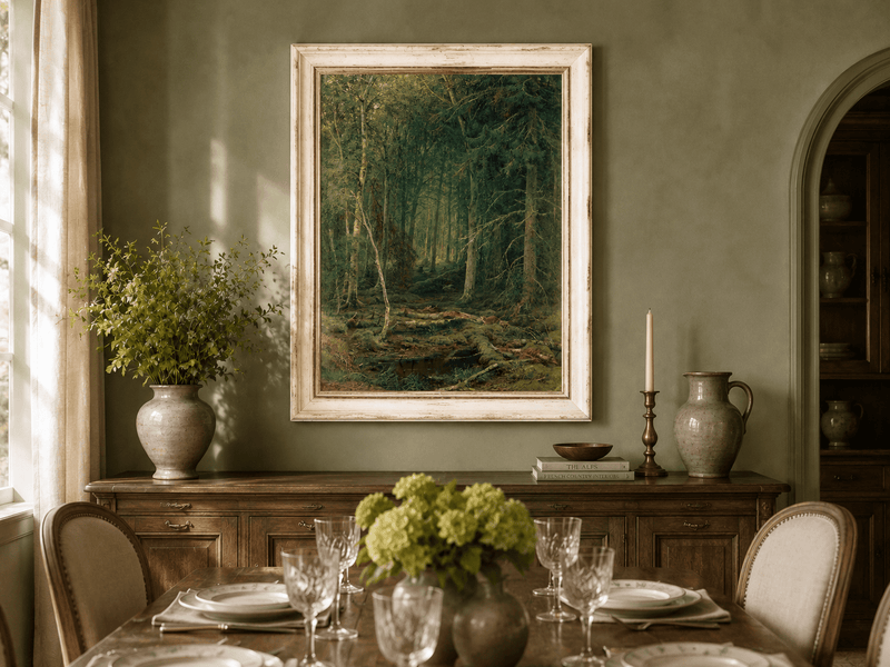 Framed hand-painted dense forest oil painting with fallen branches and mossy ground displayed above a formal dining table.