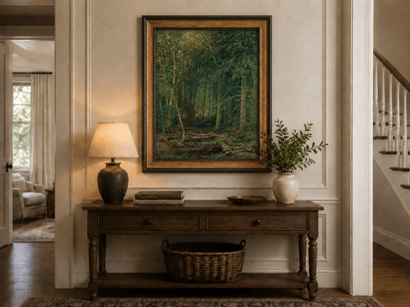 Framed hand-painted dense forest oil painting with fallen branches and mossy ground displayed above an entryway console table.