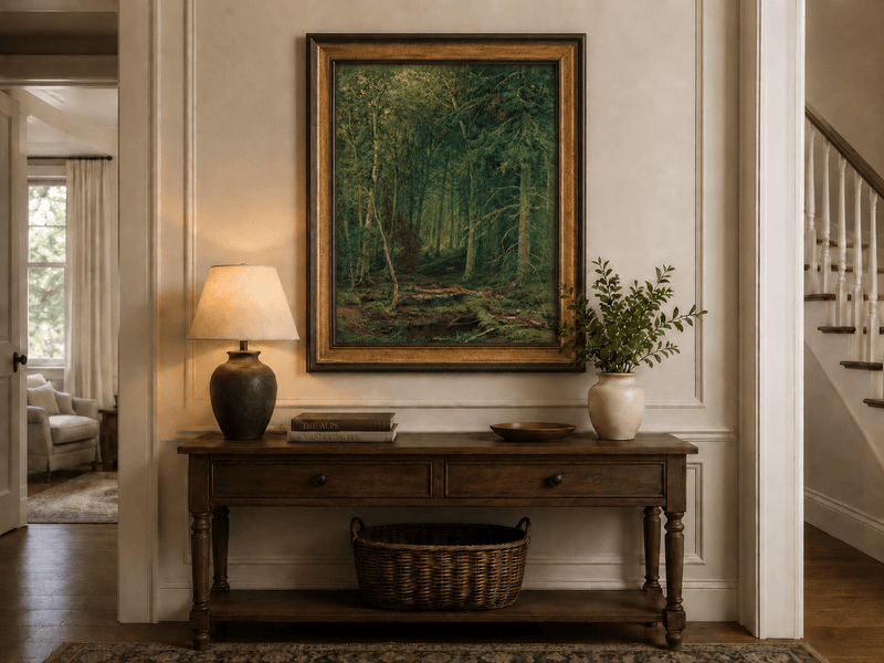 Framed hand-painted dense forest oil painting with fallen branches and mossy ground displayed above an entryway console table.