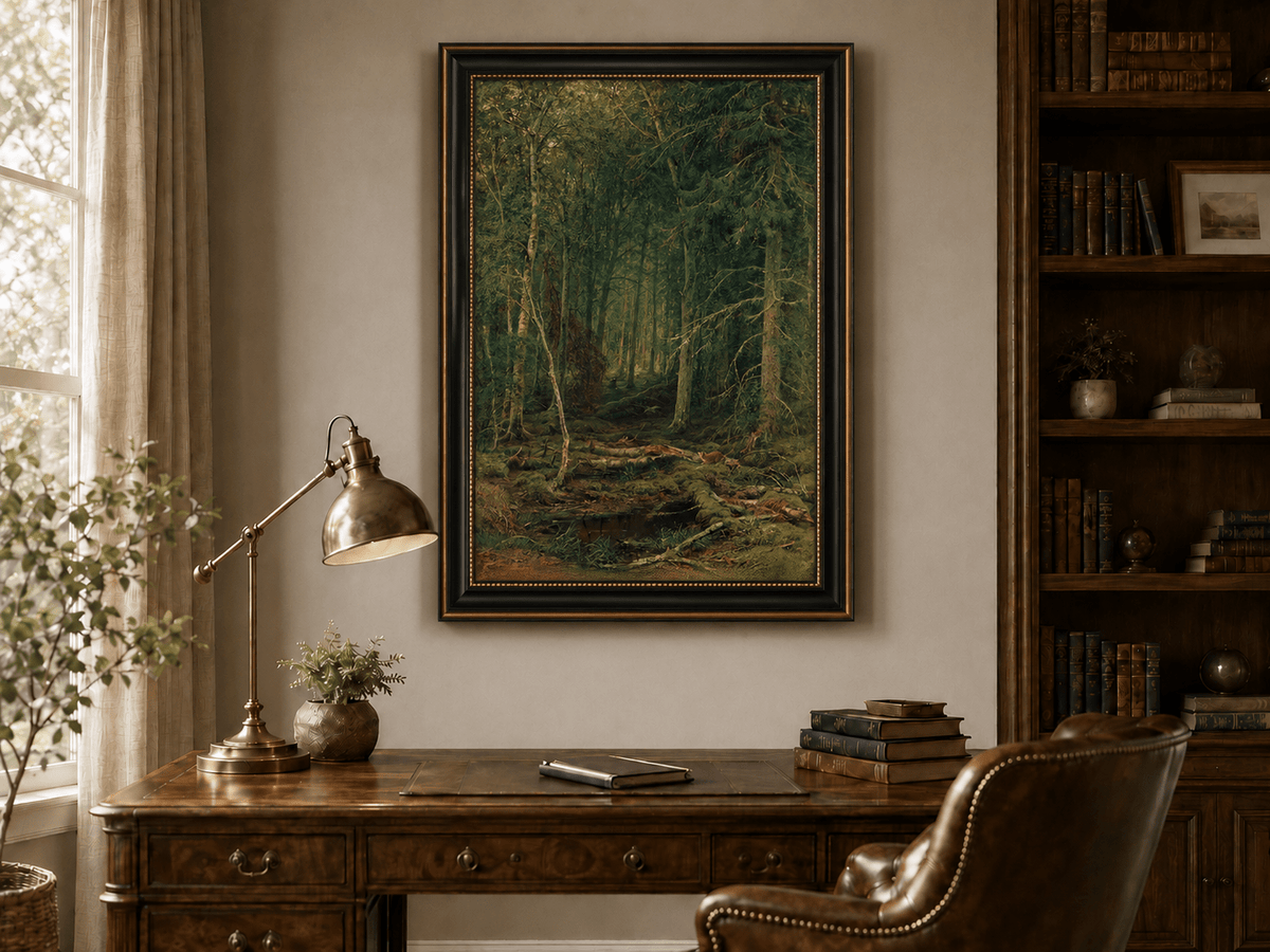 Framed hand-painted dense forest oil painting with fallen branches and mossy ground displayed above a traditional home office desk.
