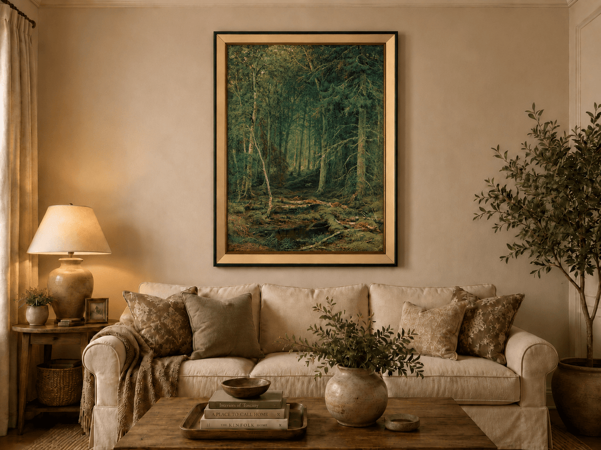 Framed hand-painted dense forest oil painting with fallen branches and mossy ground displayed above a neutral living room sofa.