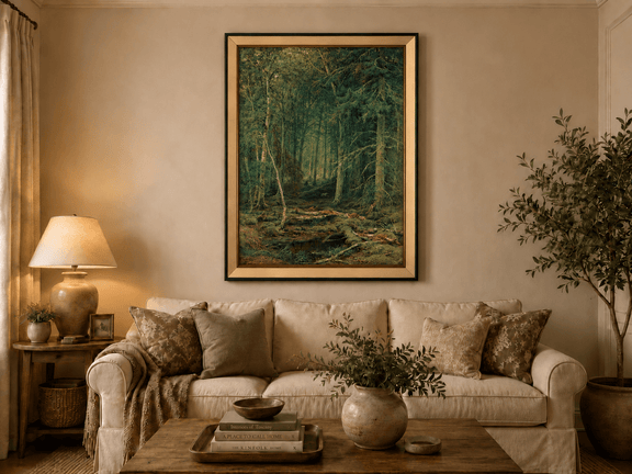 Framed hand-painted dense forest oil painting with fallen branches and mossy ground displayed above a neutral living room sofa.