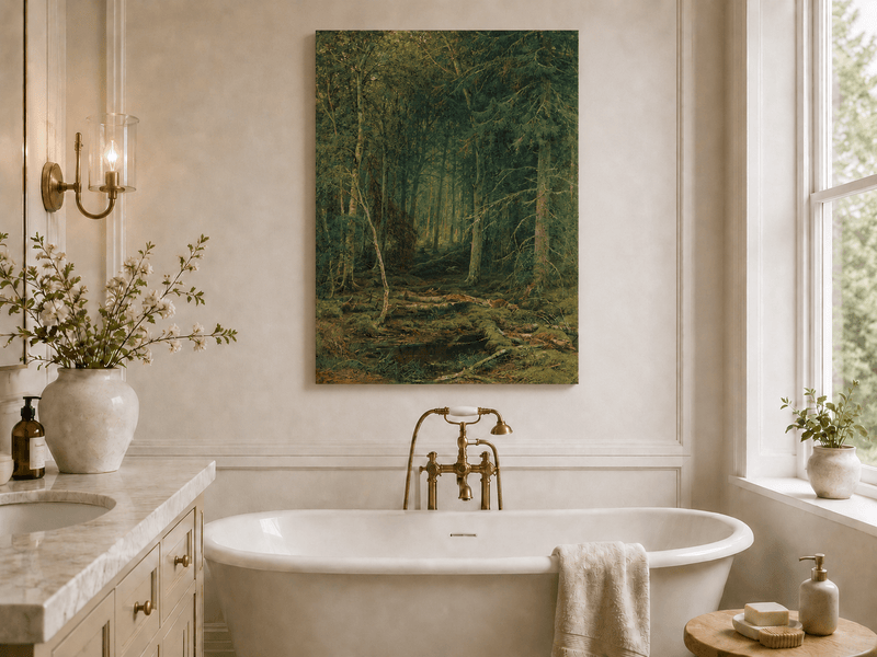 Unframed hand-painted dense forest oil painting with fallen branches and mossy ground displayed above a freestanding bathtub.