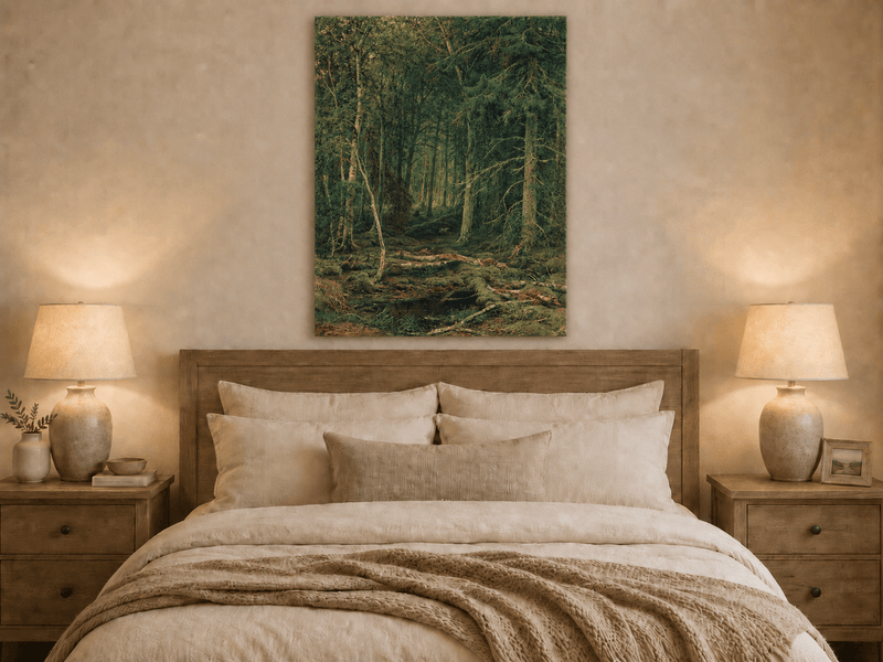Unframed hand-painted dense forest oil painting with fallen branches and mossy ground displayed above a wooden bed in a neutral bedroom.