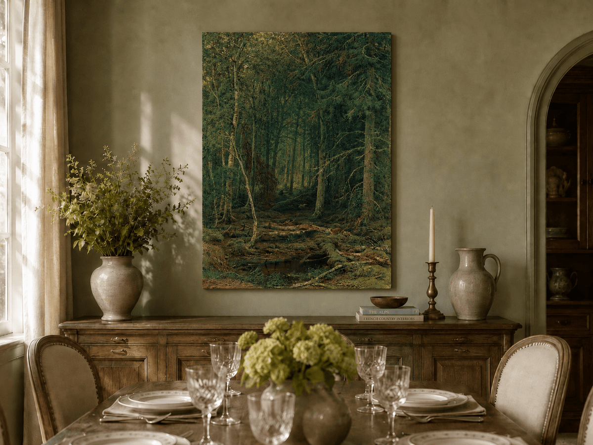 Unframed hand-painted dense forest oil painting with fallen branches and mossy ground displayed above a formal dining table.
