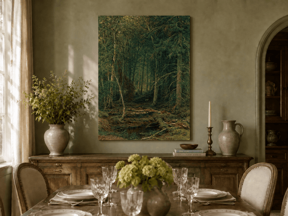 Unframed hand-painted dense forest oil painting with fallen branches and mossy ground displayed above a formal dining table.