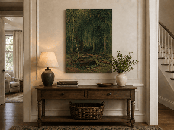 Unframed hand-painted dense forest oil painting with fallen branches and mossy ground displayed above an entryway console table.