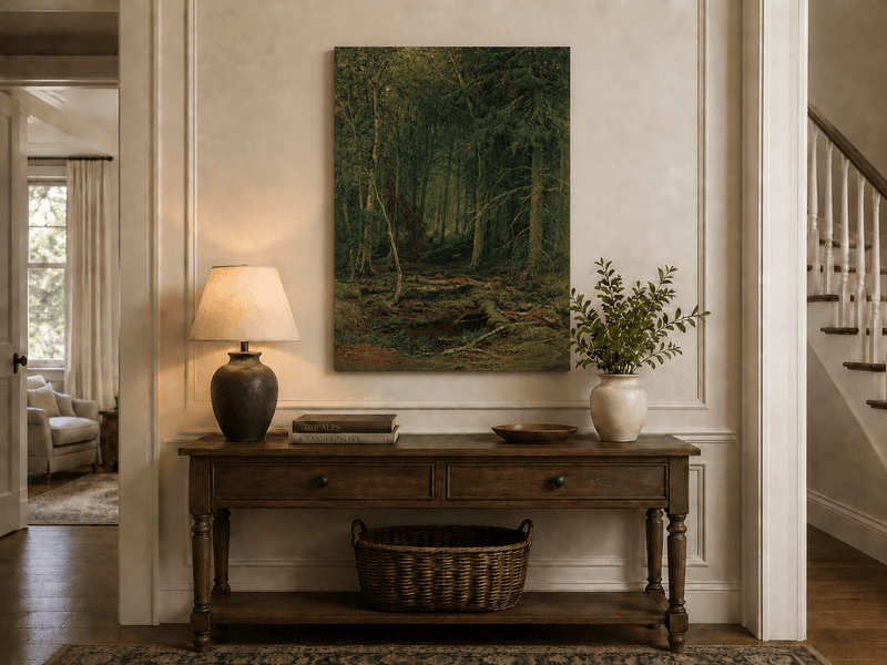 Unframed hand-painted dense forest oil painting with fallen branches and mossy ground displayed above an entryway console table.
