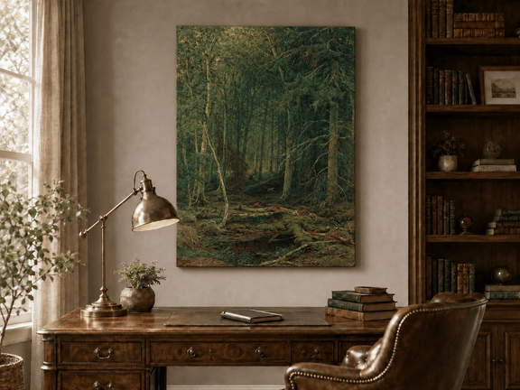Unframed hand-painted dense forest oil painting with fallen branches and mossy ground displayed above a traditional home office desk.