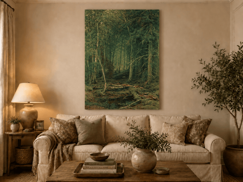 Unframed hand-painted dense forest oil painting with fallen branches and mossy ground displayed above a neutral living room sofa.
