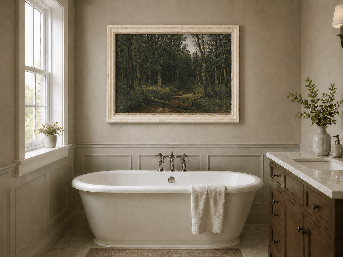 Framed hand-painted dense forest path oil painting with shadowed trees and fallen branches displayed above a freestanding bathtub.