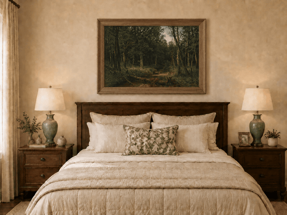 Framed hand-painted dense forest path oil painting with shadowed trees and fallen branches displayed above a wooden bed in a neutral bedroom.