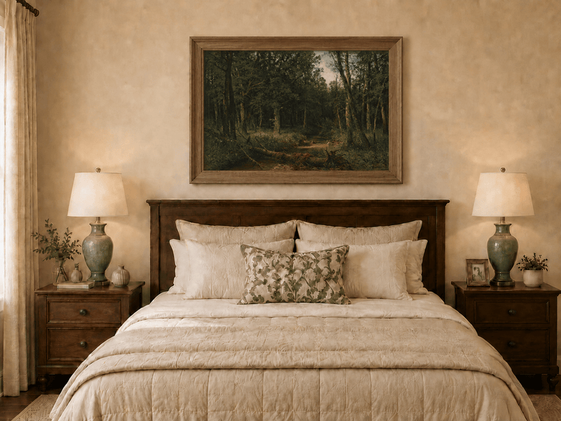 Framed hand-painted dense forest path oil painting with shadowed trees and fallen branches displayed above a wooden bed in a neutral bedroom.