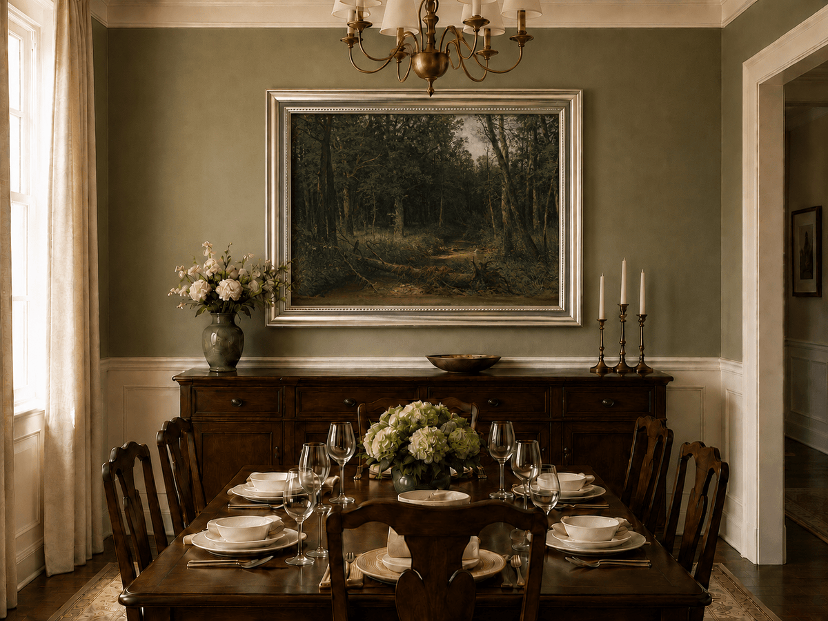 Framed hand-painted dense forest path oil painting with shadowed trees and fallen branches displayed above a formal dining table.