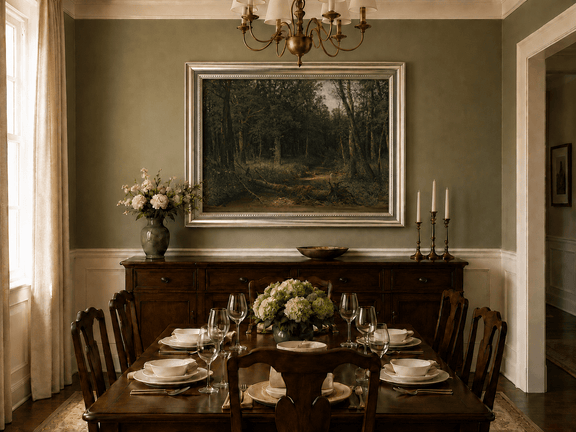 Framed hand-painted dense forest path oil painting with shadowed trees and fallen branches displayed above a formal dining table.