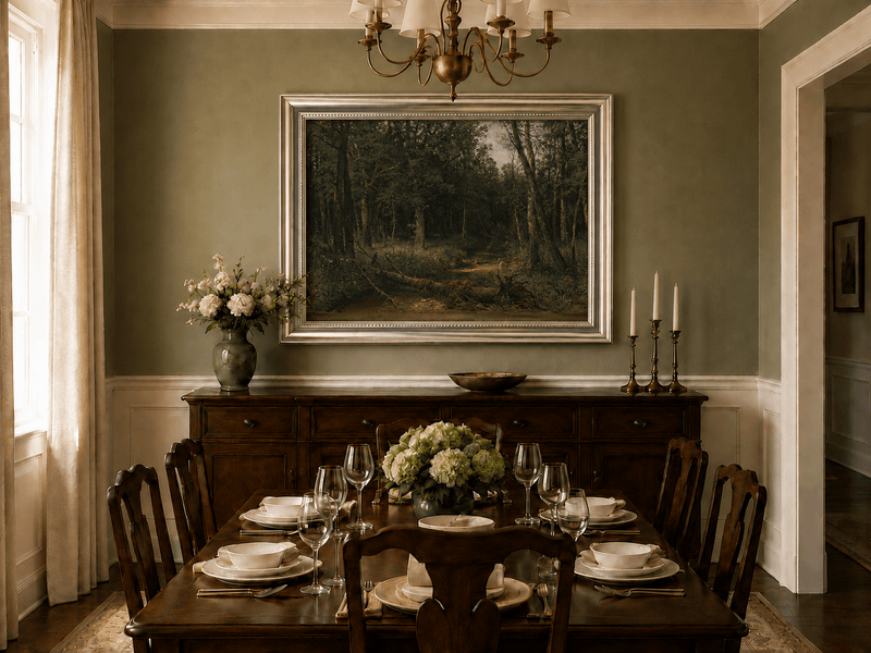 Framed hand-painted dense forest path oil painting with shadowed trees and fallen branches displayed above a formal dining table.