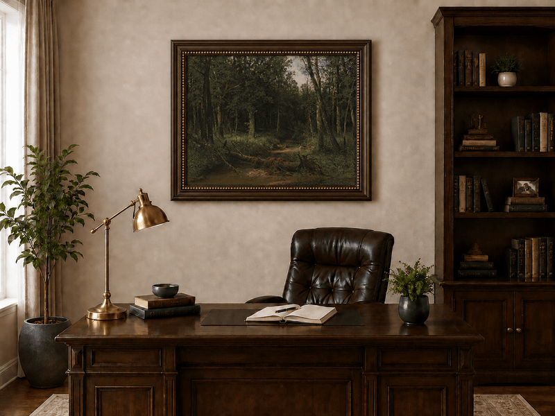 Framed hand-painted dense forest path oil painting with shadowed trees and fallen branches displayed above a traditional home office desk.