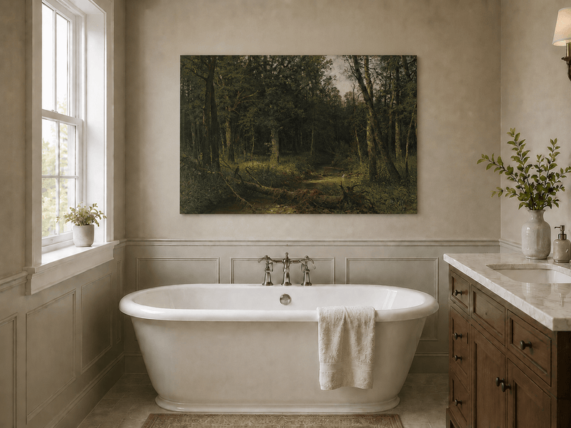 Unframed hand-painted dense forest path oil painting with shadowed trees and fallen branches displayed above a freestanding bathtub.
