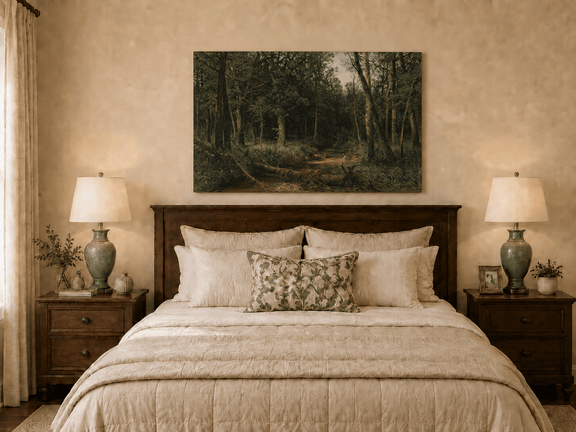 Unframed hand-painted dense forest path oil painting with shadowed trees and fallen branches displayed above a wooden bed in a neutral bedroom.