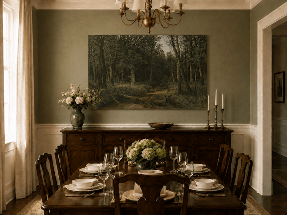 Unframed hand-painted dense forest path oil painting with shadowed trees and fallen branches displayed above a formal dining table.
