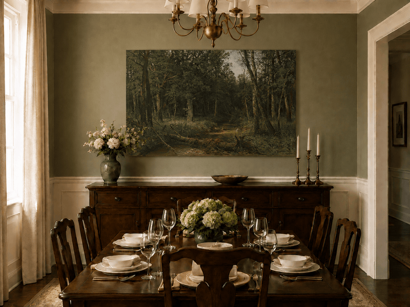 Unframed hand-painted dense forest path oil painting with shadowed trees and fallen branches displayed above a formal dining table.