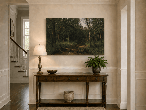 Unframed hand-painted dense forest path oil painting with shadowed trees and fallen branches displayed above an entryway console table.