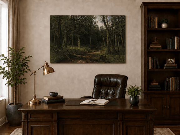 Unframed hand-painted dense forest path oil painting with shadowed trees and fallen branches displayed above a traditional home office desk.