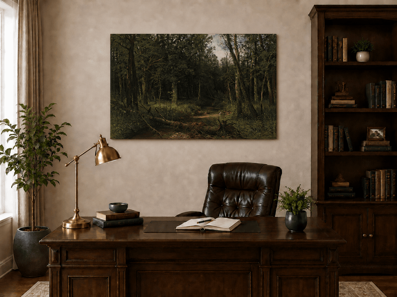 Unframed hand-painted dense forest path oil painting with shadowed trees and fallen branches displayed above a traditional home office desk.