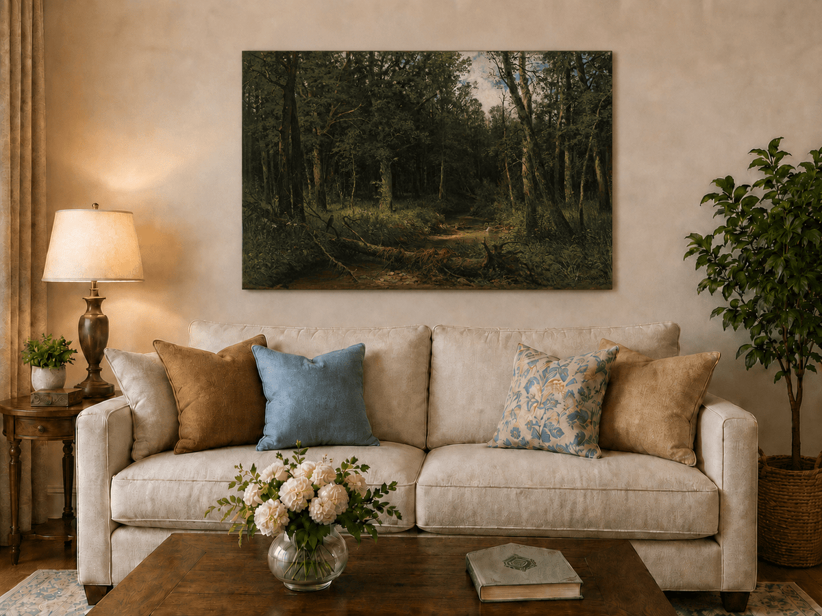 Unframed hand-painted dense forest path oil painting with shadowed trees and fallen branches displayed above a neutral living room sofa.