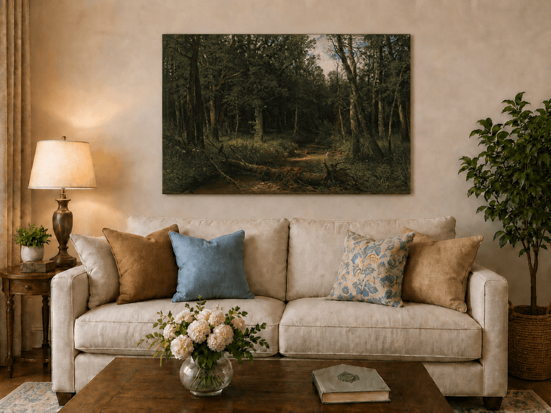 Unframed hand-painted dense forest path oil painting with shadowed trees and fallen branches displayed above a neutral living room sofa.