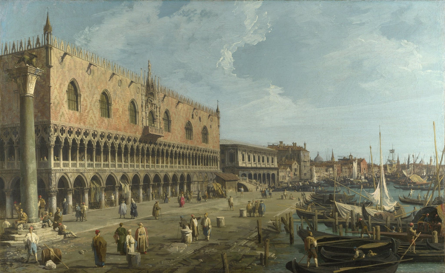 Landscape oil painting of Doge’s Palace and Venice waterfront with boats, hand painted oil on canvas with textured brushwork. - Add Frame, Architecture, Boat, Canvas, Castle, Hand Painted, Harbor, Landscape, Made To Order, Oil Painting, Seascape, Venice